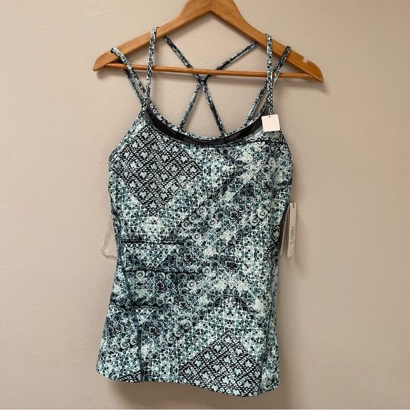 NWT Gaiam Shine Mesh Bra Tank, OM-DRI, Taylor Print, Blue Green & Black, Size M - Picture 2 of 6